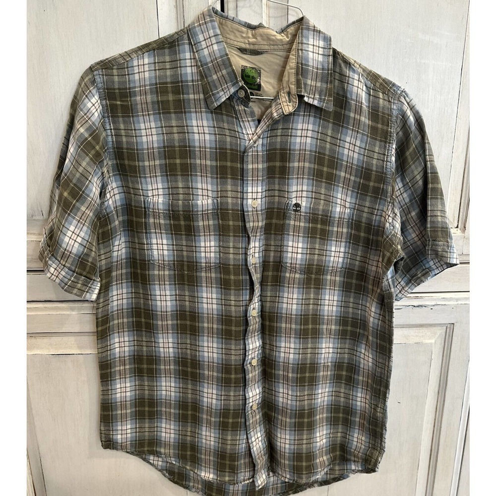 Men’s Medium Timberland Linen/raylon Short Sleeve Blue Gray Stripes